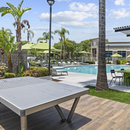 a ping pong table near a swimming pool