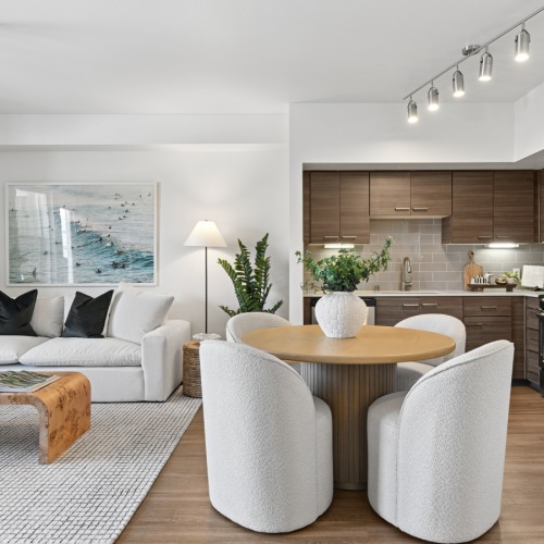 Living room, dining table, and kitchen layout